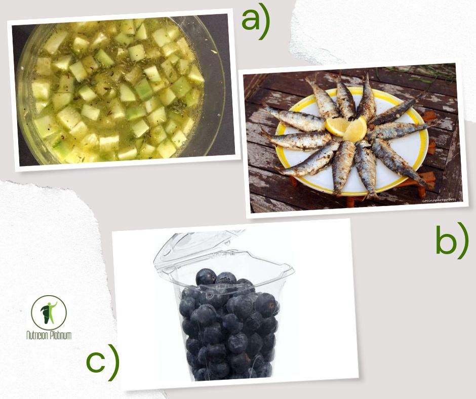 Gazpacho de pepino con sardinas a la plancha y arandanos tamaño puño.